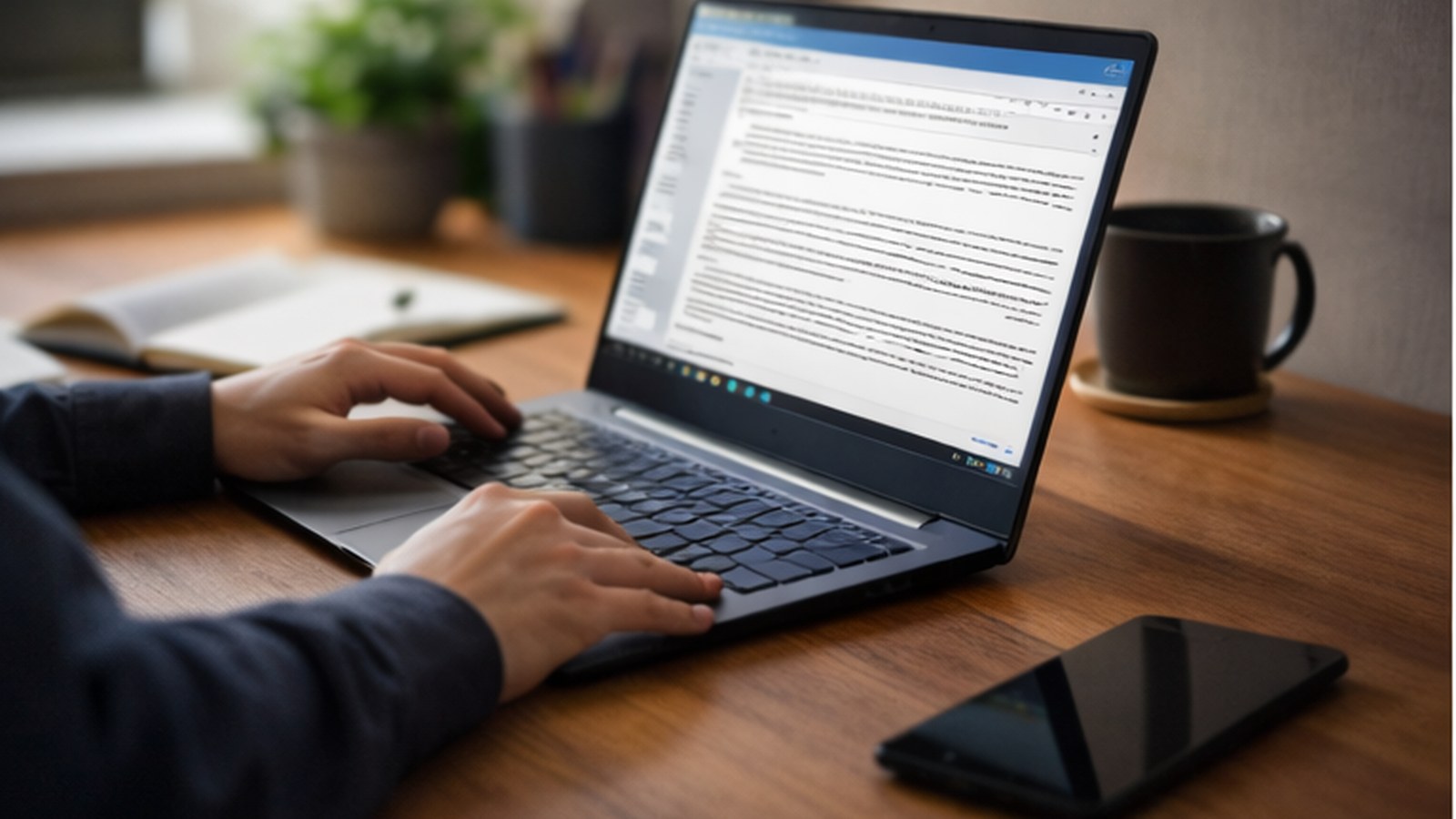 Pessoa usando notebook para trabalho básico em mesa simples